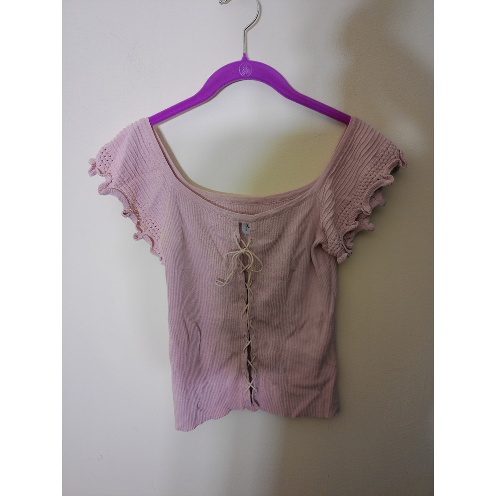 Unbranded Lace Up Knit Top Womens XS Pink Vtg Boho Coquette Flutter Ribbed
